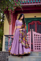Lorenvalley Lavender Vichitra Silk Sequins and Thread Embroidery Work with Kalamkari Print Border Lehenga Choli with Dupatta | Grocsy