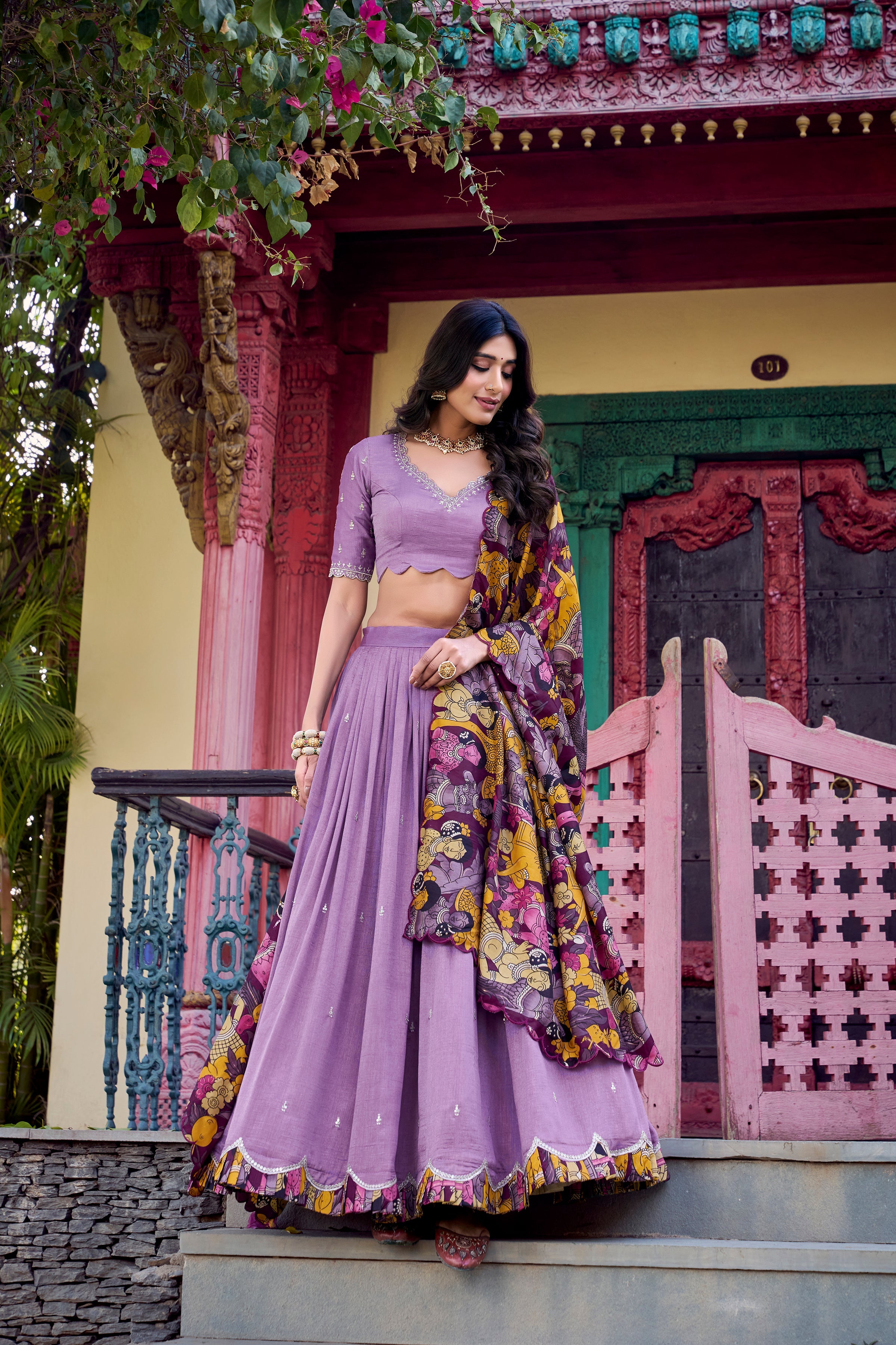 Lorenvalley Lavender Vichitra Silk Sequins and Thread Embroidery Work with Kalamkari Print Border Lehenga Choli with Dupatta | Grocsy
