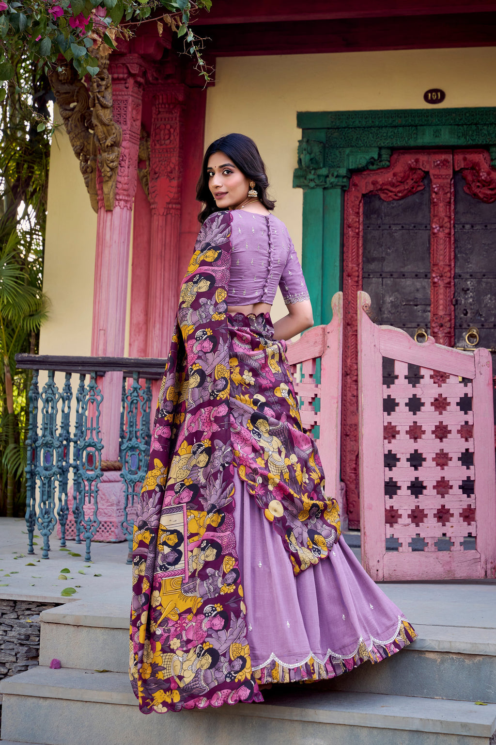 Lorenvalley Lavender Vichitra Silk Sequins and Thread Embroidery Work with Kalamkari Print Border Lehenga Choli with Dupatta | Grocsy