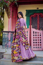 Lorenvalley Lavender Vichitra Silk Sequins and Thread Embroidery Work with Kalamkari Print Border Lehenga Choli with Dupatta | Grocsy