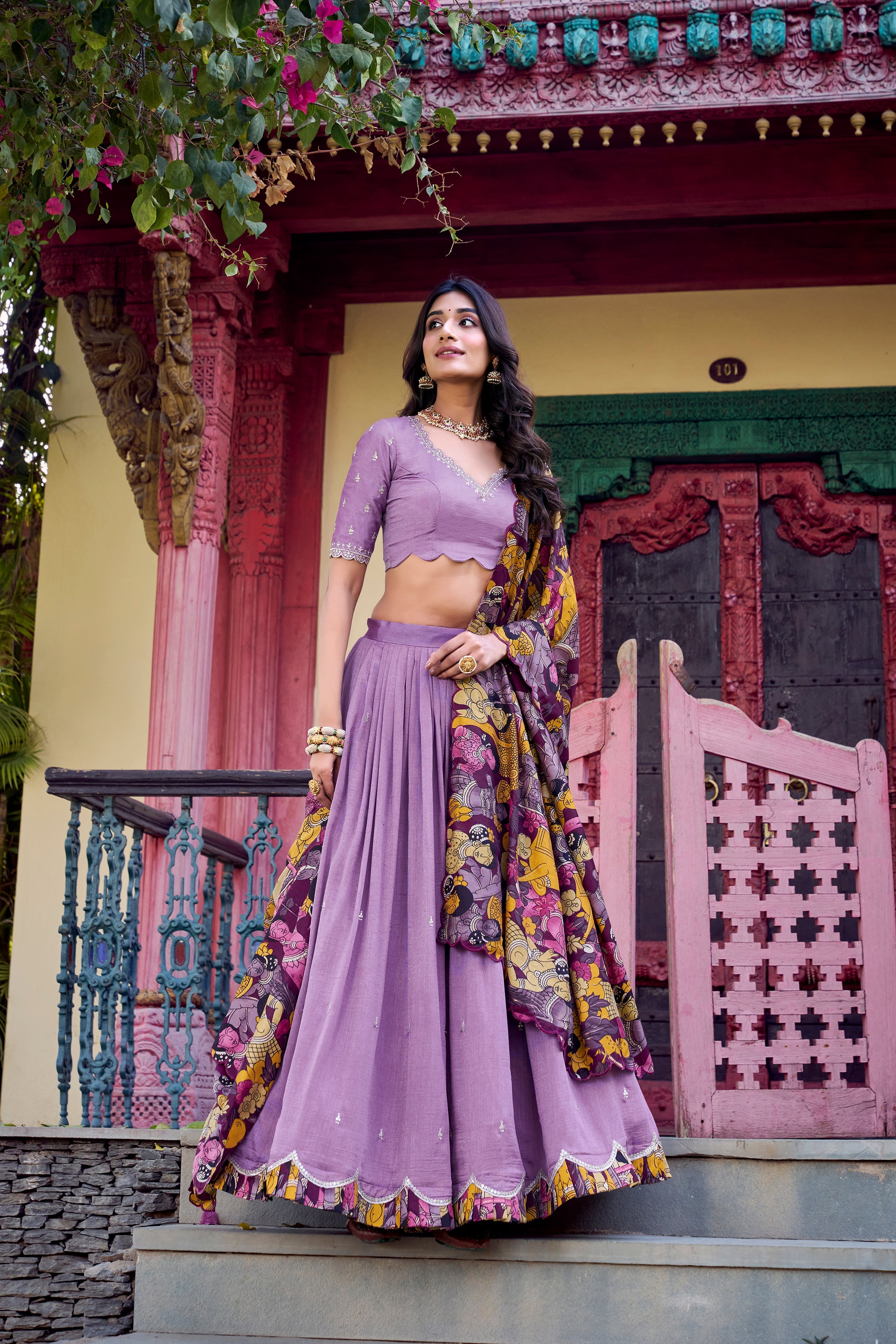 Lorenvalley Lavender Vichitra Silk Sequins and Thread Embroidery Work with Kalamkari Print Border Lehenga Choli with Dupatta | Grocsy