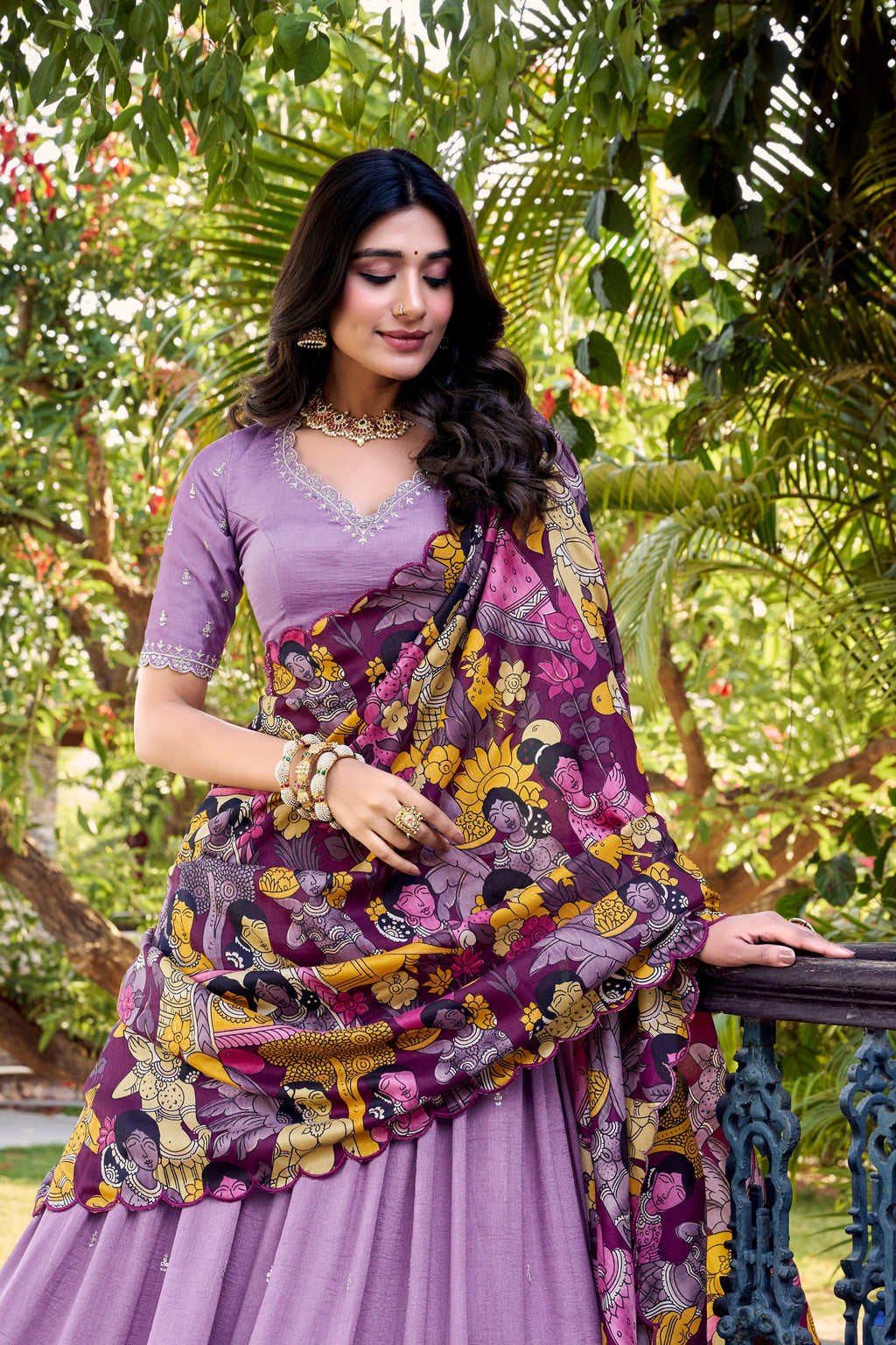Lorenvalley Lavender Vichitra Silk Sequins and Thread Embroidery Work with Kalamkari Print Border Lehenga Choli with Dupatta | Grocsy