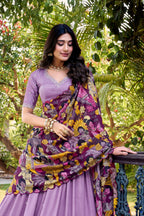 Lorenvalley Lavender Vichitra Silk Sequins and Thread Embroidery Work with Kalamkari Print Border Lehenga Choli with Dupatta | Grocsy