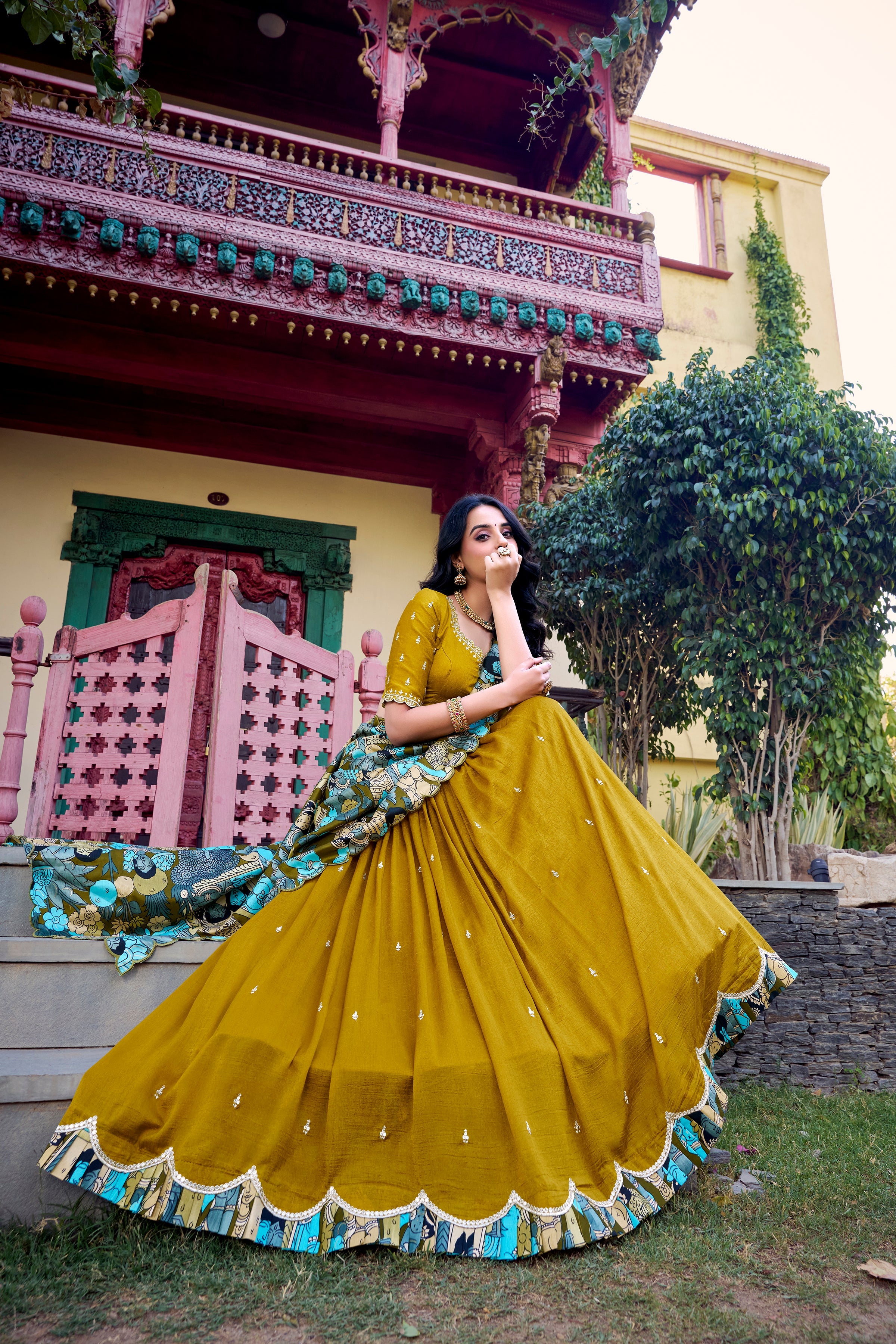 Lorenvalley Mustard Vichitra Silk Sequins and Thread Embroidery Work with Kalamkari Print Border Lehenga Choli with Dupatta | Grocsy