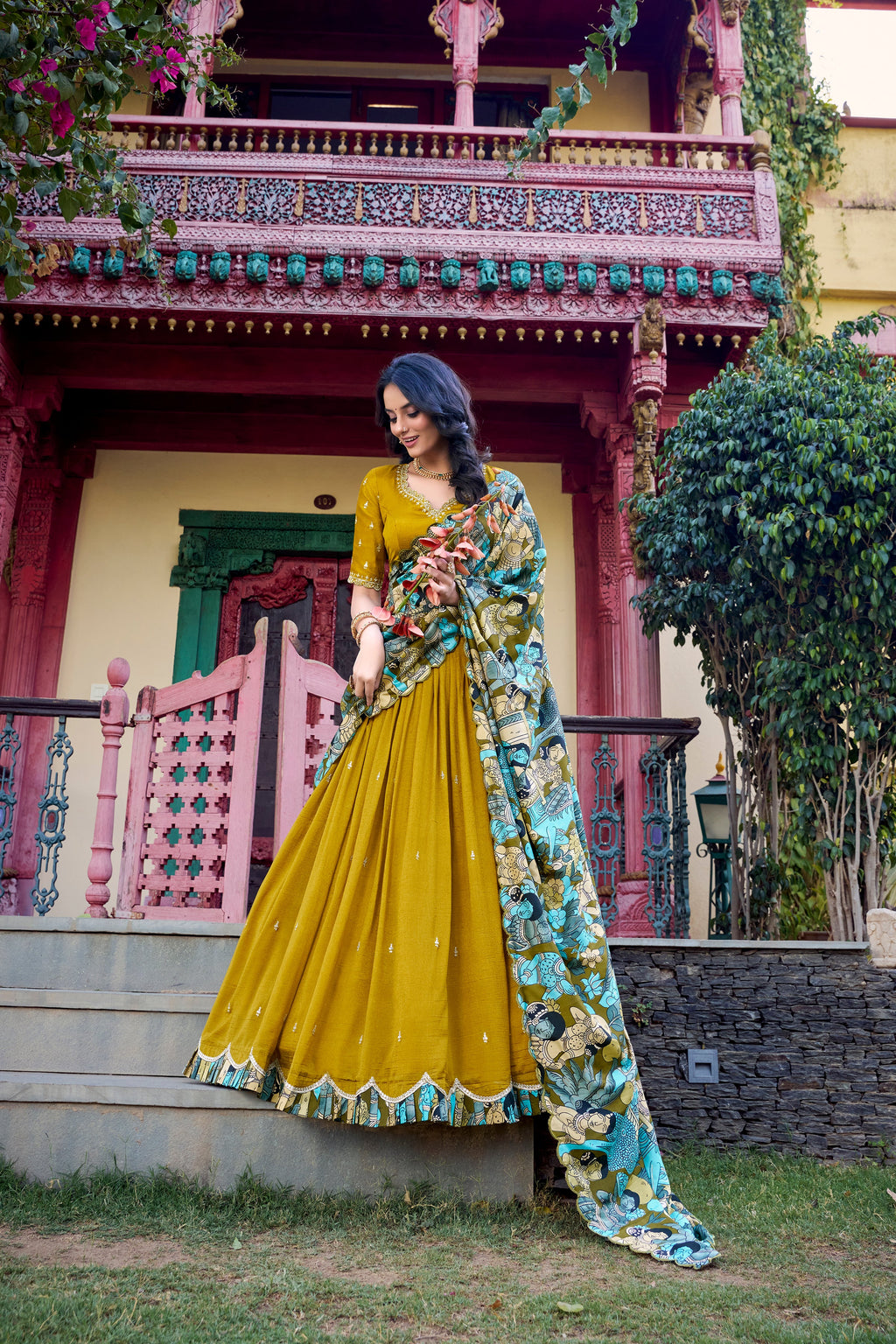 Lorenvalley Mustard Vichitra Silk Sequins and Thread Embroidery Work with Kalamkari Print Border Lehenga Choli with Dupatta | Grocsy
