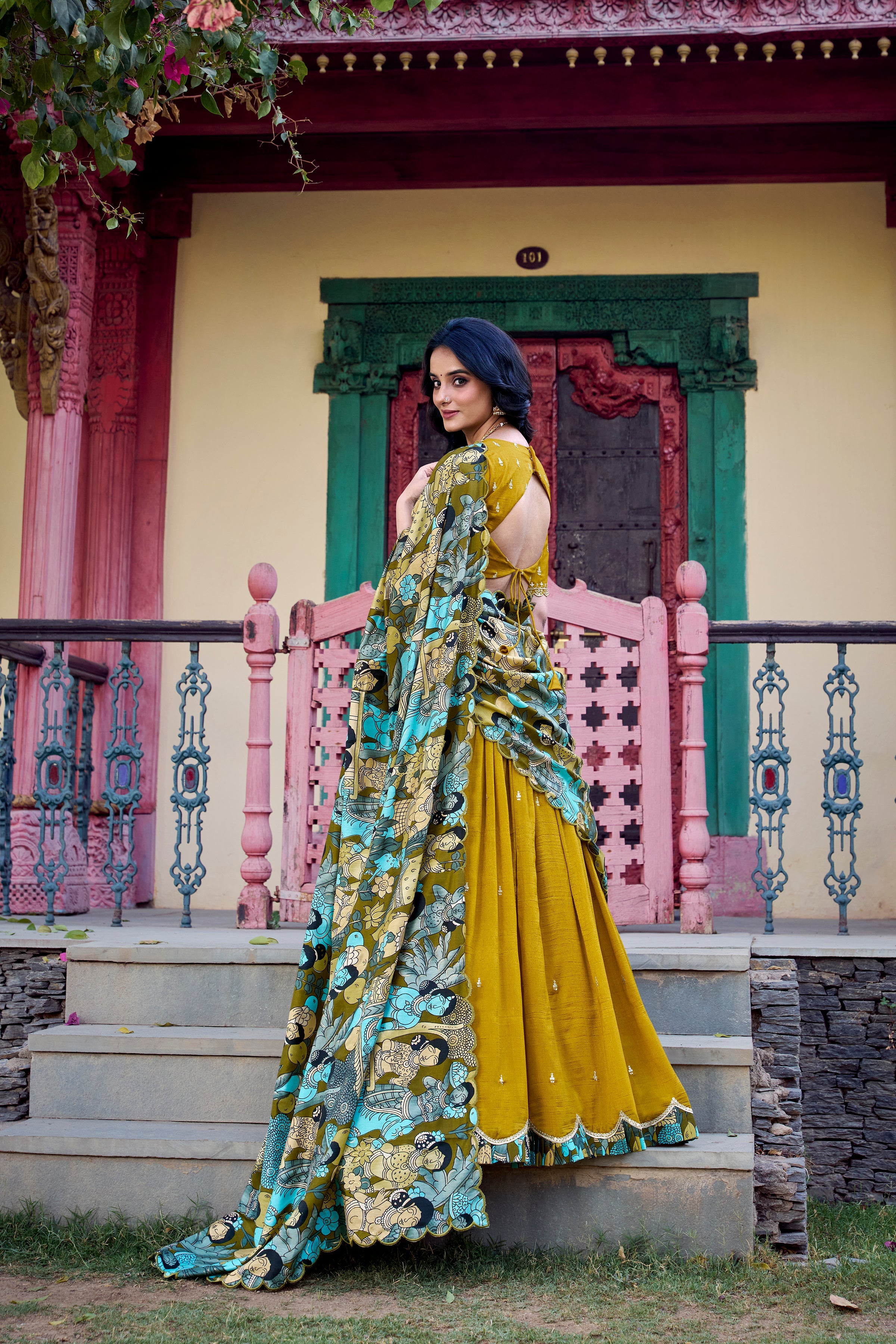 Lorenvalley Mustard Vichitra Silk Sequins and Thread Embroidery Work with Kalamkari Print Border Lehenga Choli with Dupatta | Grocsy