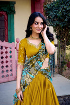 Lorenvalley Mustard Vichitra Silk Sequins and Thread Embroidery Work with Kalamkari Print Border Lehenga Choli with Dupatta | Grocsy