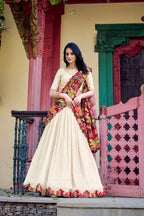 Lorenvalley Off White Vichitra Silk Sequins and Thread Embroidery Work with Kalamkari Print Border Lehenga Choli with Dupatta | Grocsy