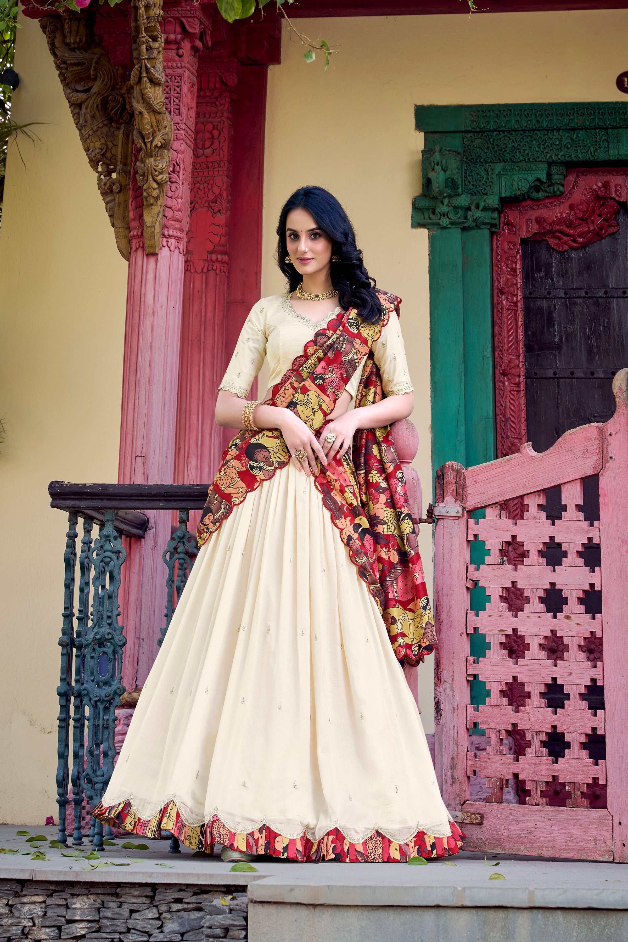 Lorenvalley Off White Vichitra Silk Sequins and Thread Embroidery Work with Kalamkari Print Border Lehenga Choli with Dupatta | Grocsy