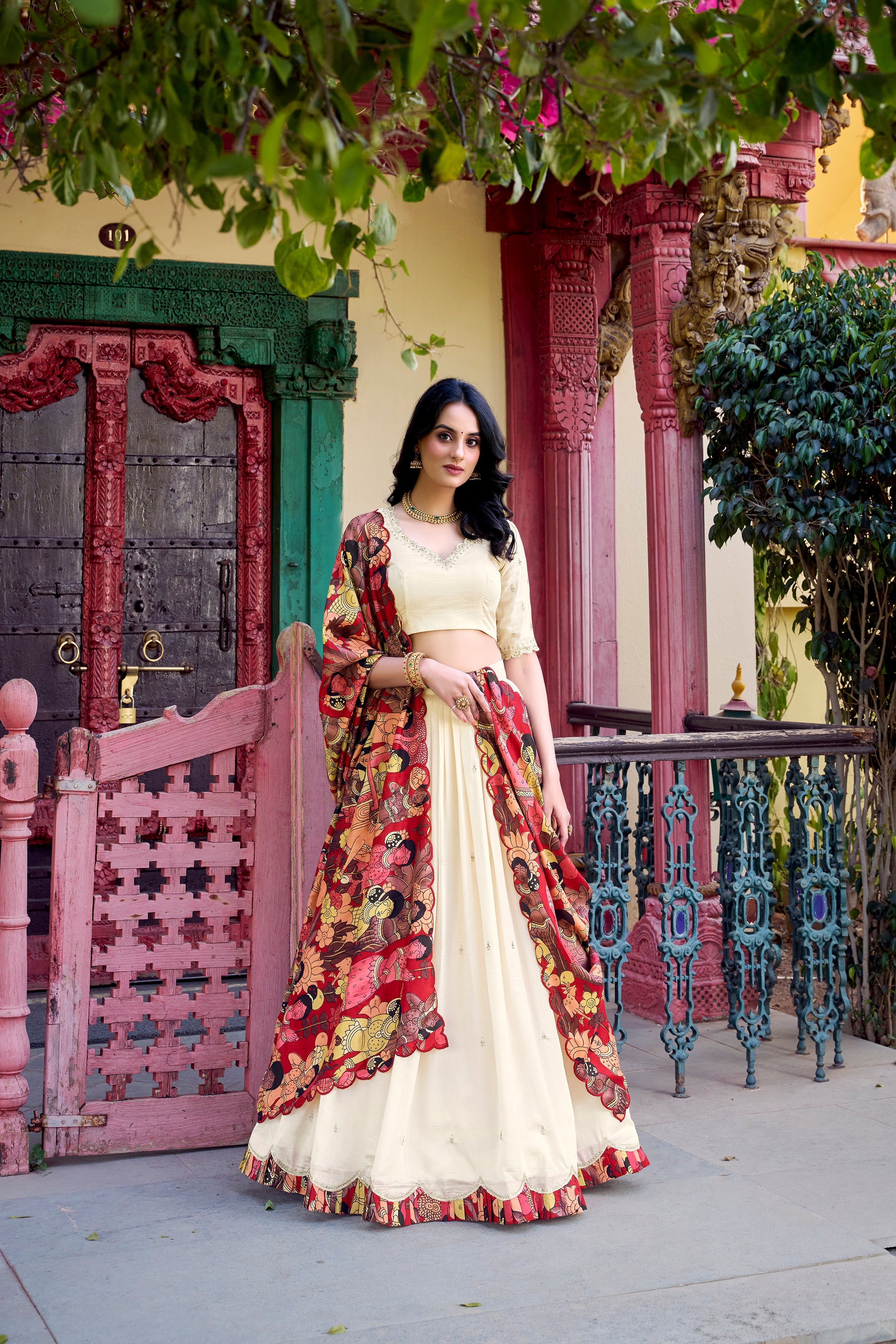 Lorenvalley Off White Vichitra Silk Sequins and Thread Embroidery Work with Kalamkari Print Border Lehenga Choli with Dupatta | Grocsy