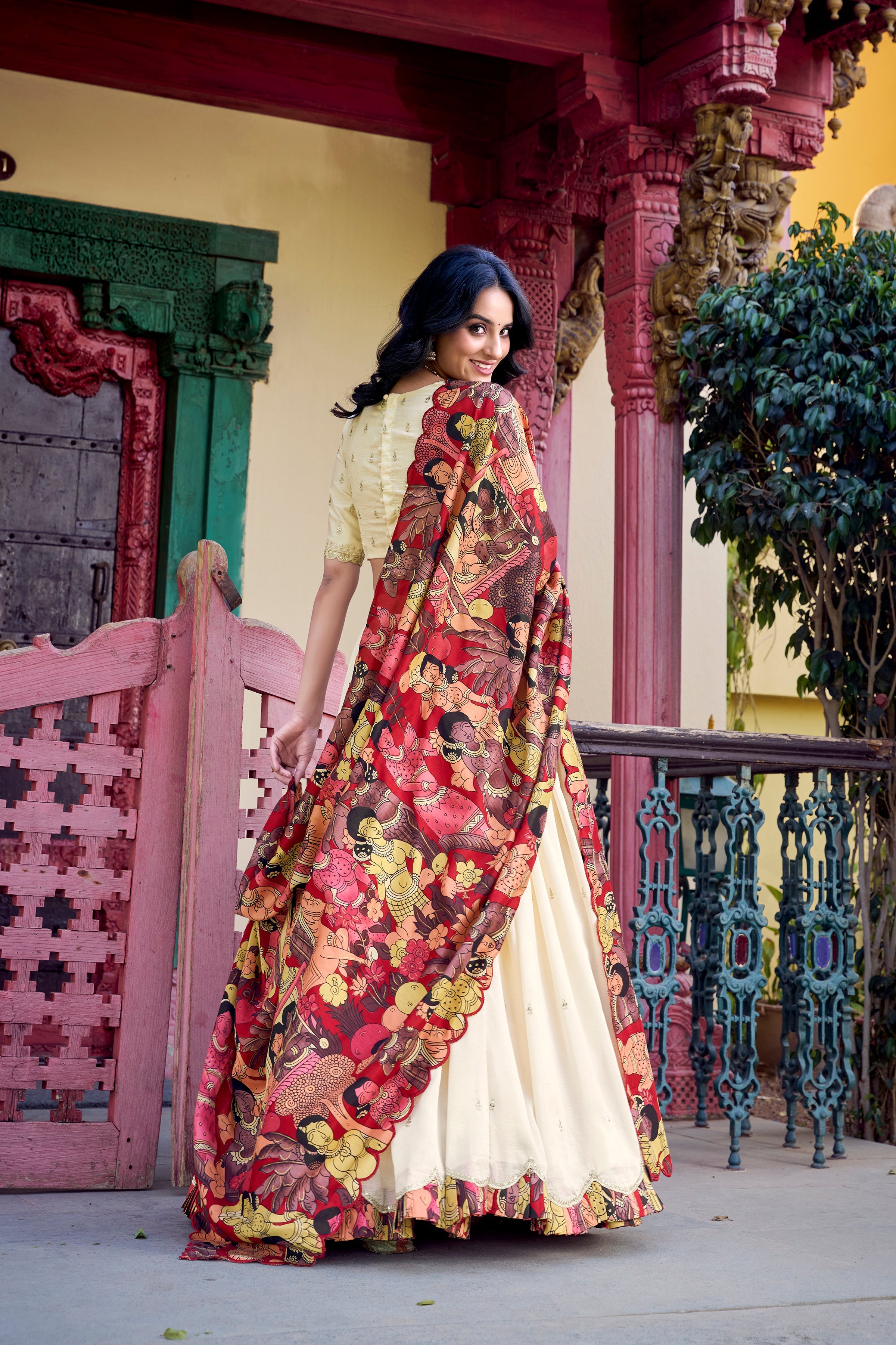 Lorenvalley Off White Vichitra Silk Sequins and Thread Embroidery Work with Kalamkari Print Border Lehenga Choli with Dupatta | Grocsy