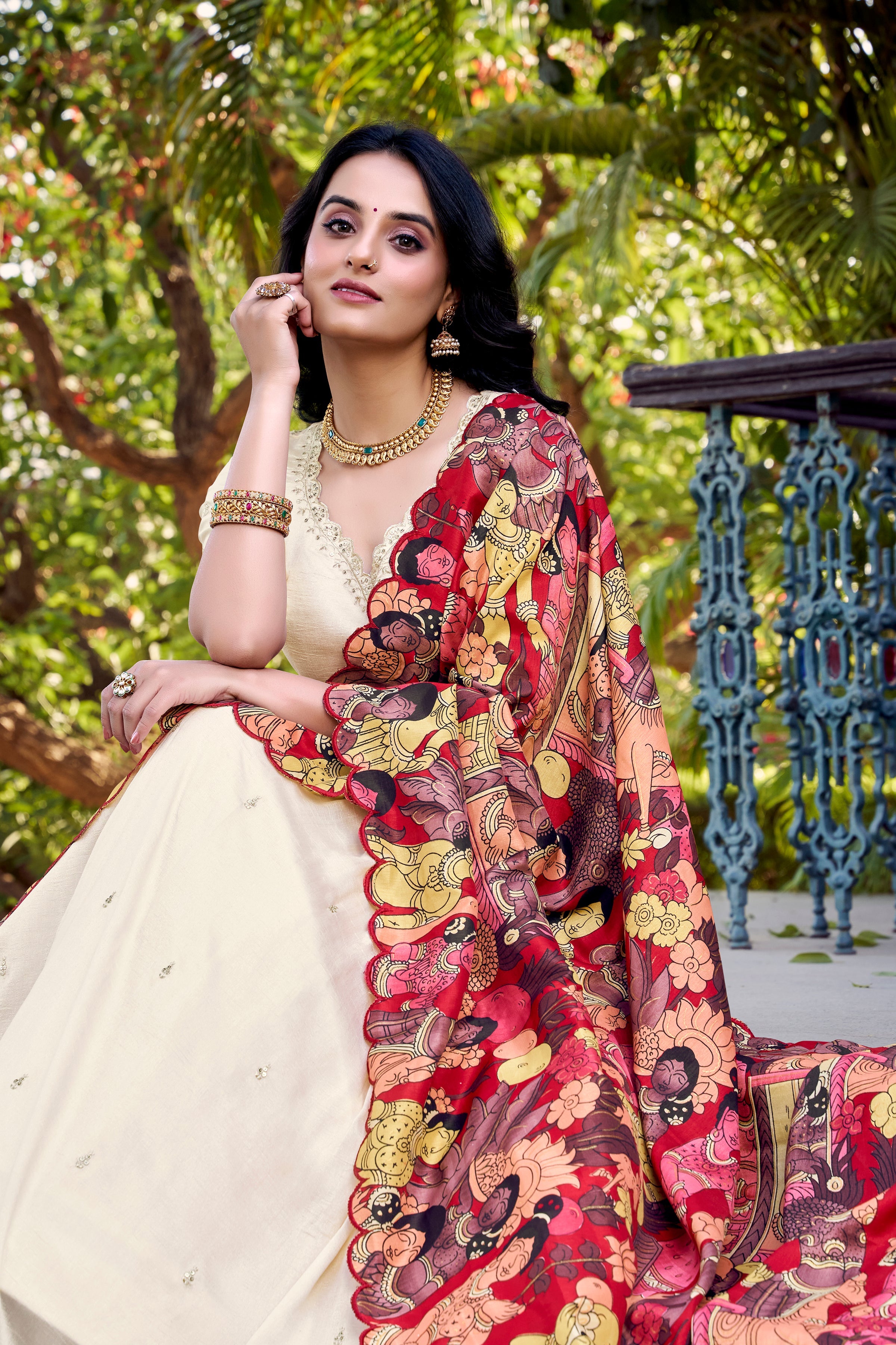 Lorenvalley Off White Vichitra Silk Sequins and Thread Embroidery Work with Kalamkari Print Border Lehenga Choli with Dupatta | Grocsy