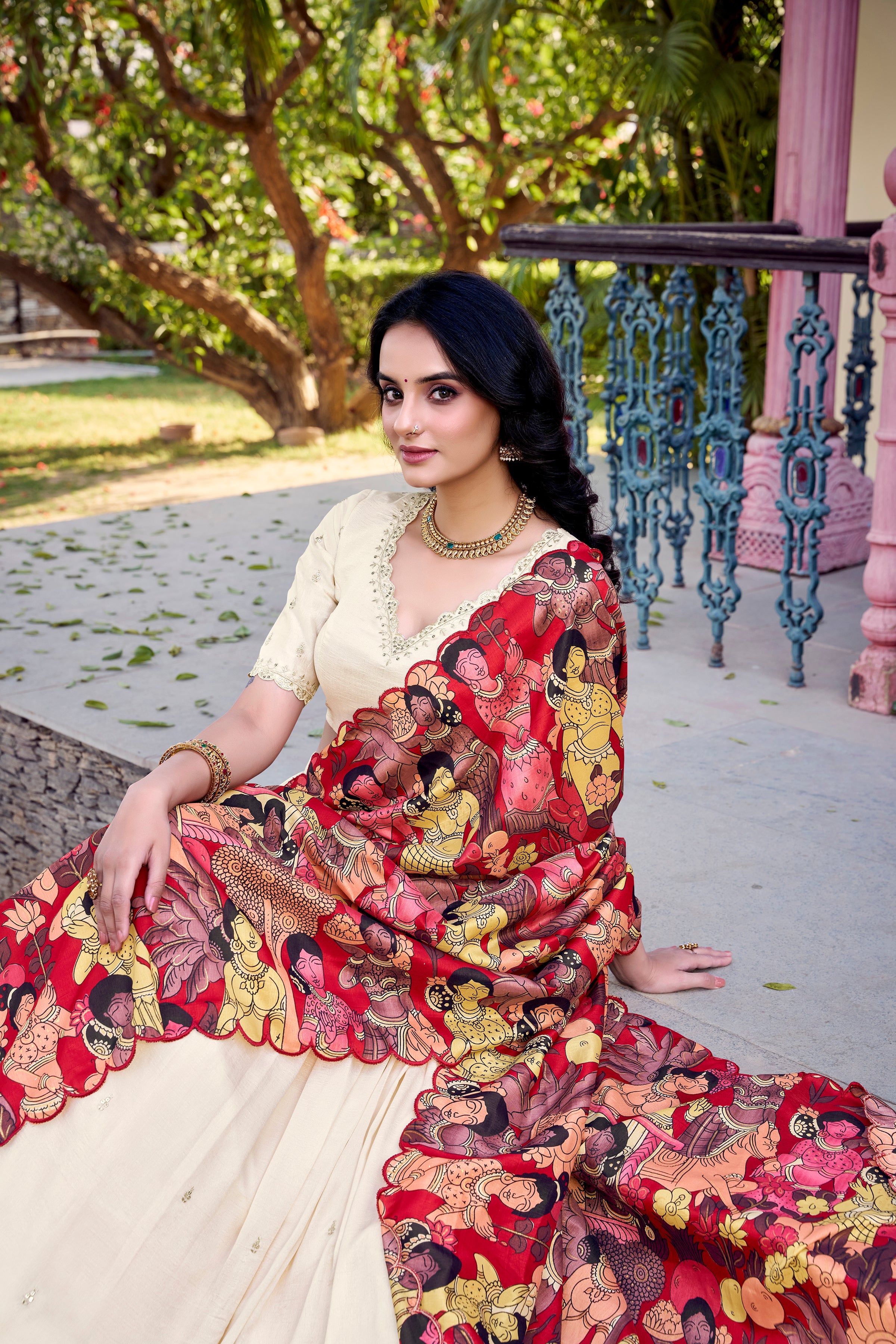 Lorenvalley Off White Vichitra Silk Sequins and Thread Embroidery Work with Kalamkari Print Border Lehenga Choli with Dupatta | Grocsy