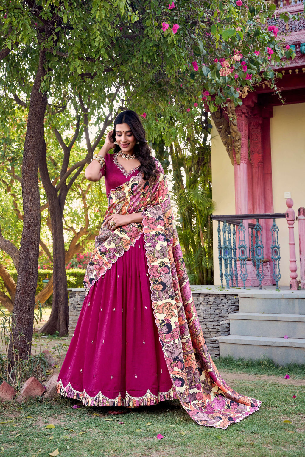 Lorenvalley Pink Vichitra Silk Sequins and Thread Embroidery Work with Kalamkari Print Border Lehenga Choli with Dupatta | Grocsy