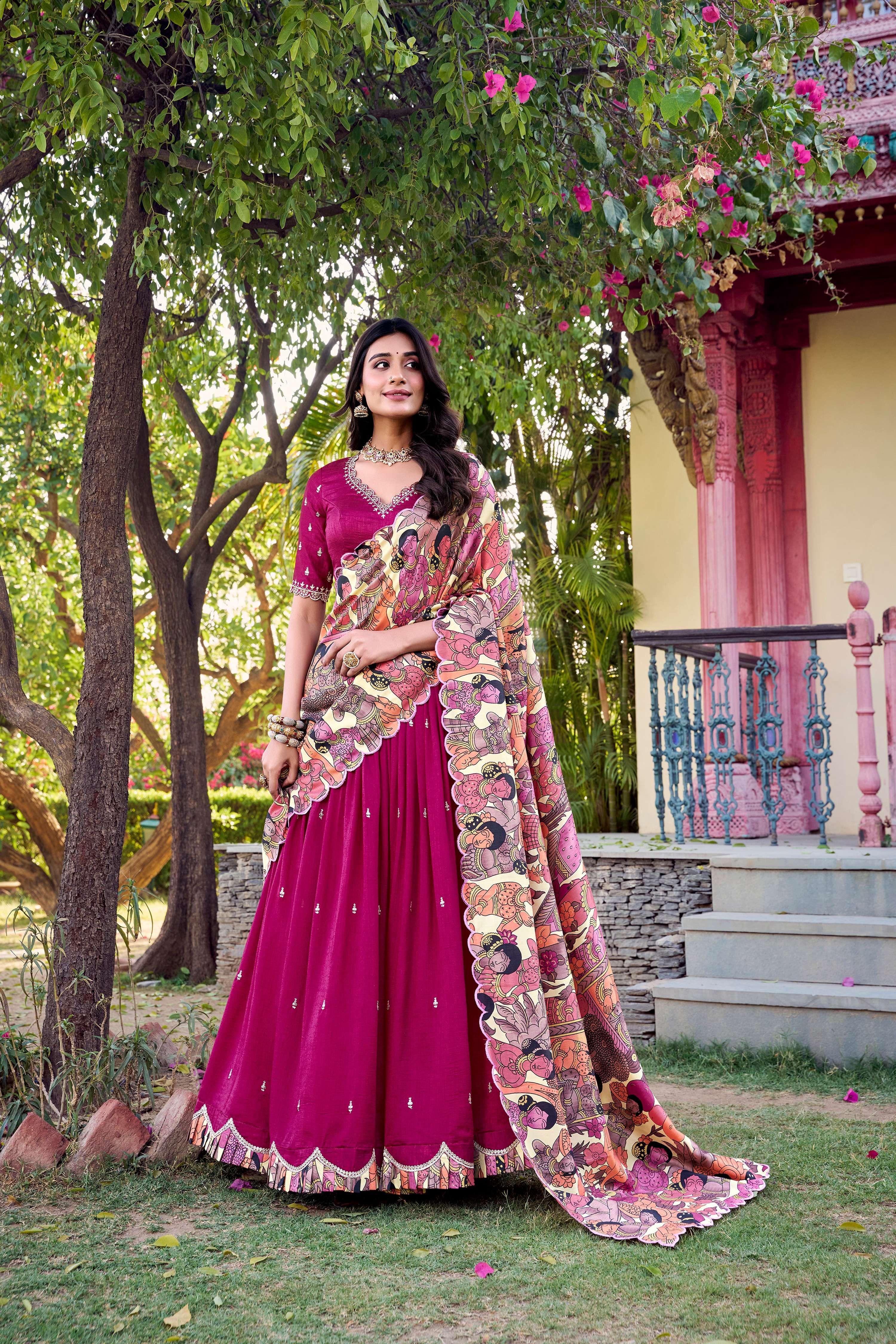 Lorenvalley Pink Vichitra Silk Sequins and Thread Embroidery Work with Kalamkari Print Border Lehenga Choli with Dupatta | Grocsy