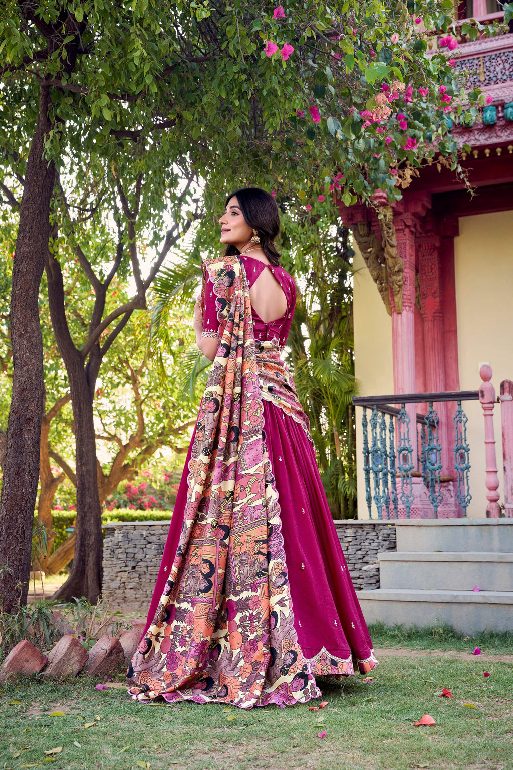 Lorenvalley Pink Vichitra Silk Sequins and Thread Embroidery Work with Kalamkari Print Border Lehenga Choli with Dupatta | Grocsy