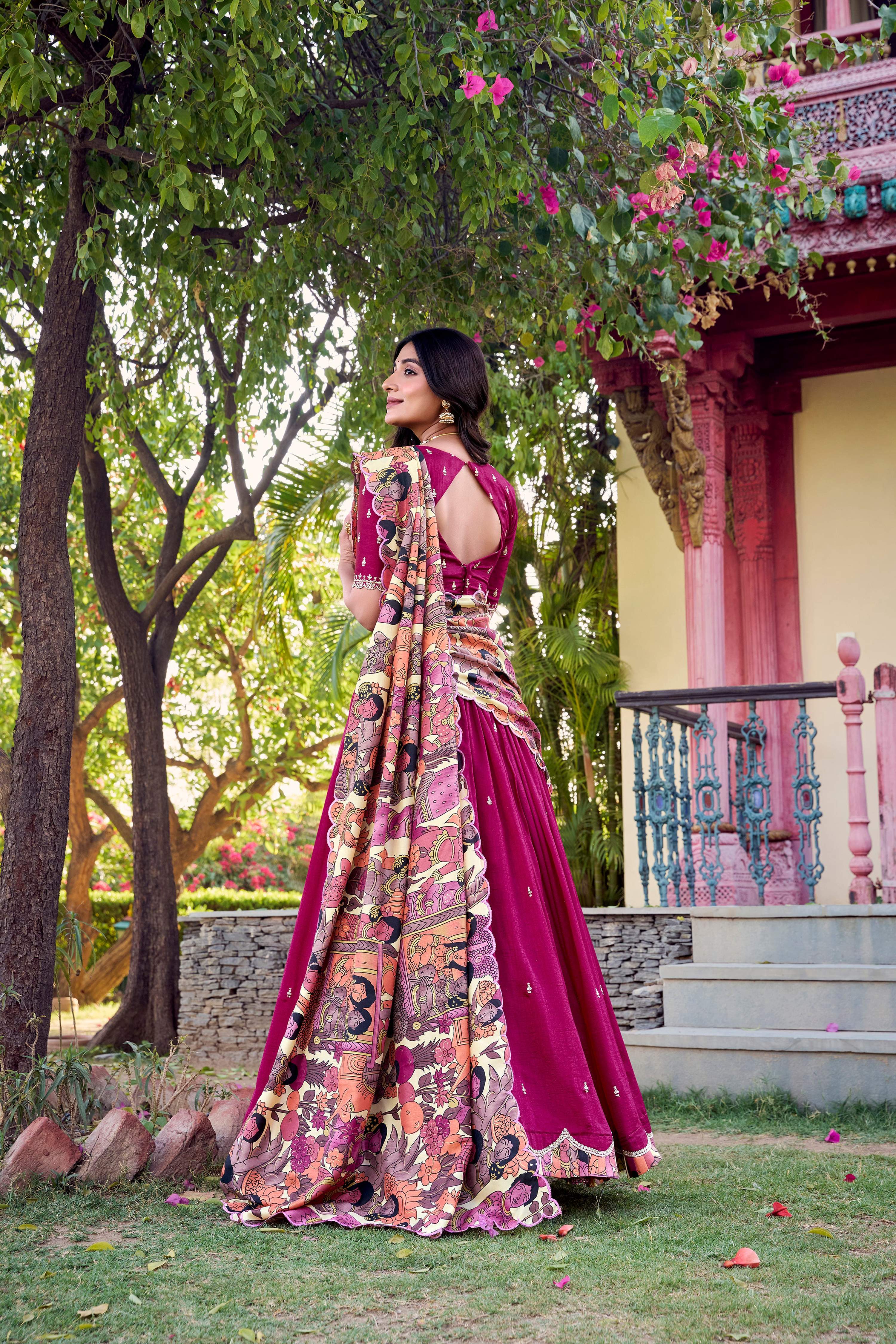Lorenvalley Pink Vichitra Silk Sequins and Thread Embroidery Work with Kalamkari Print Border Lehenga Choli with Dupatta | Grocsy