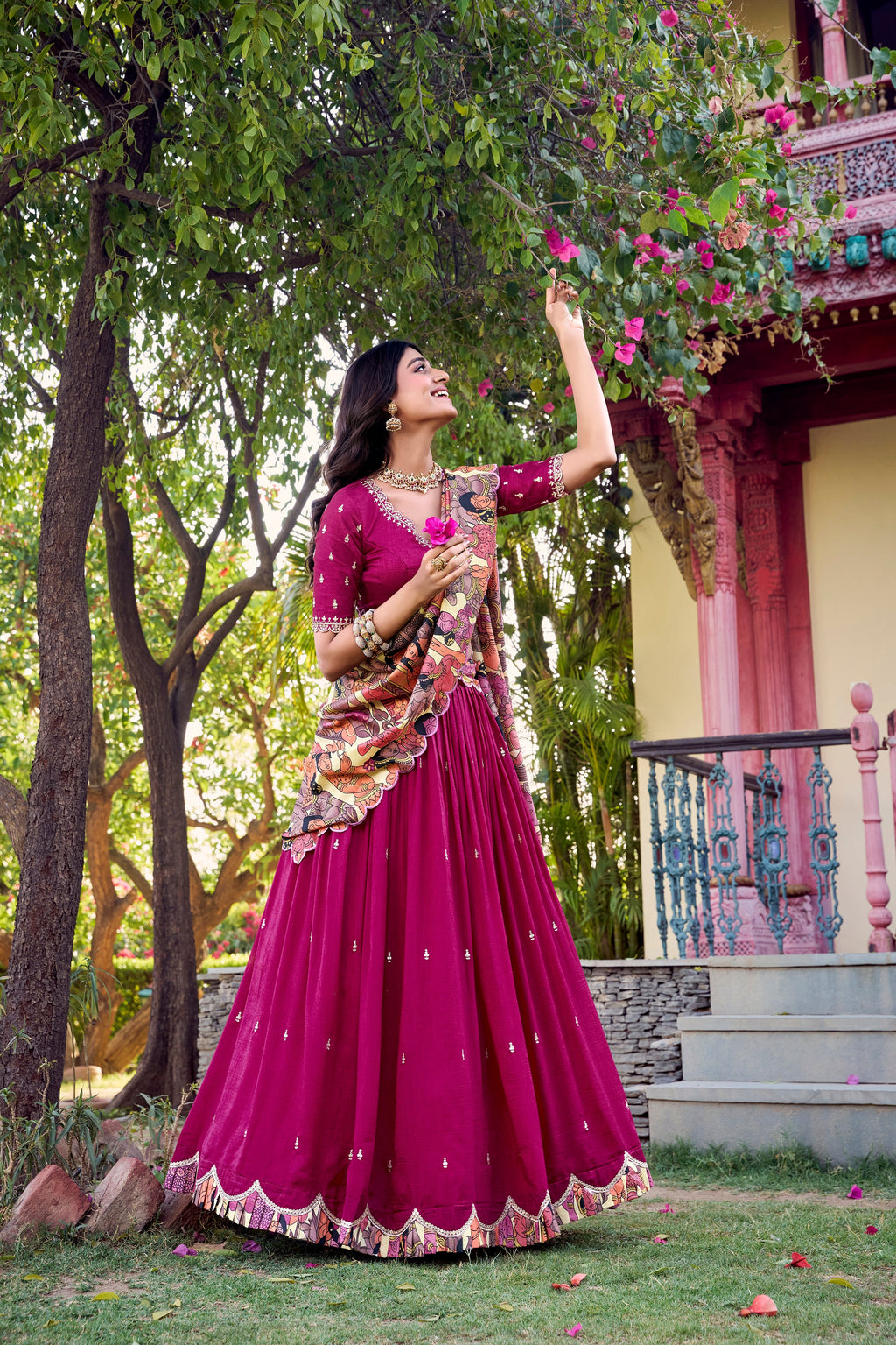 Lorenvalley Pink Vichitra Silk Sequins and Thread Embroidery Work with Kalamkari Print Border Lehenga Choli with Dupatta | Grocsy