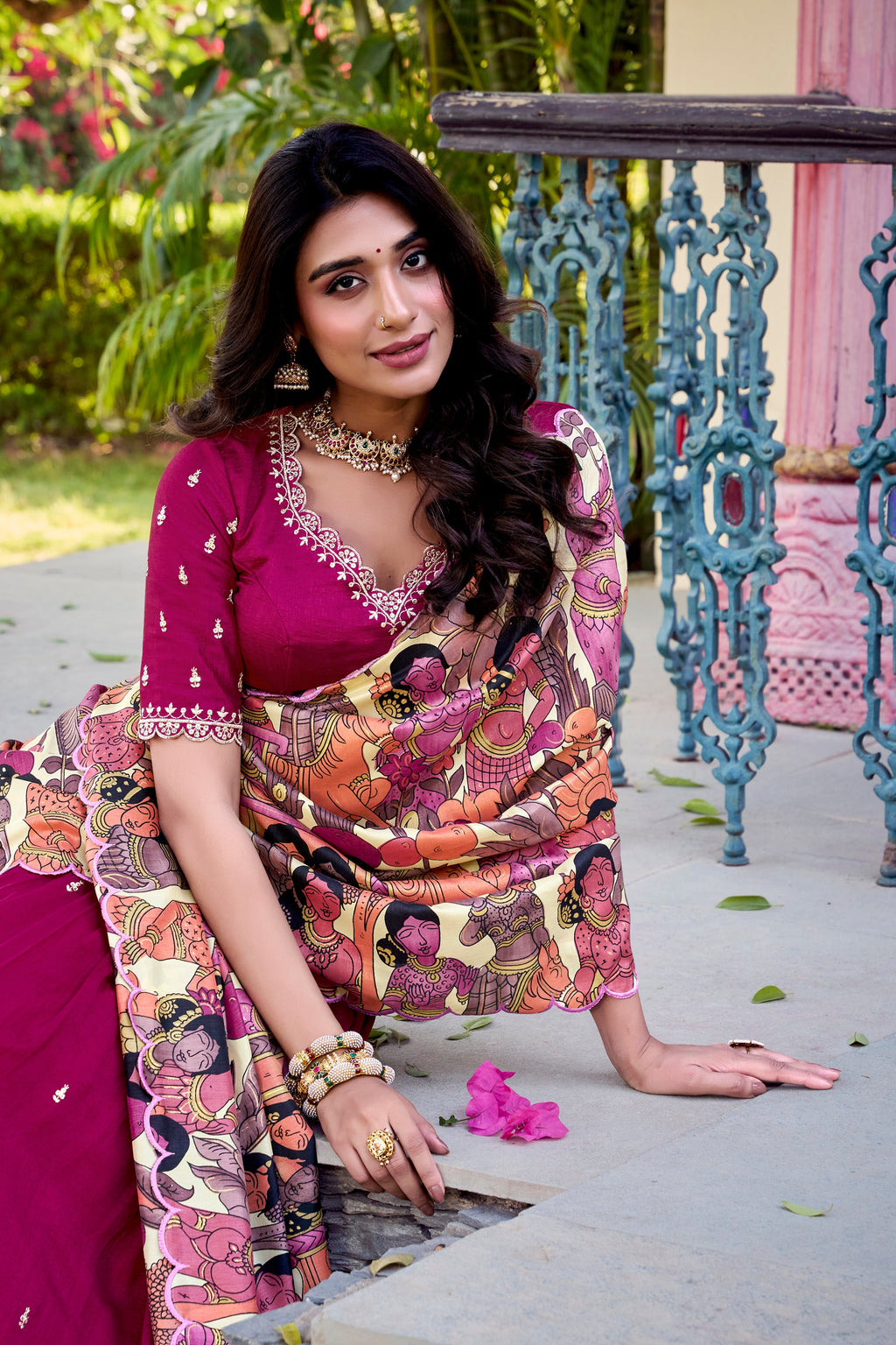 Lorenvalley Pink Vichitra Silk Sequins and Thread Embroidery Work with Kalamkari Print Border Lehenga Choli with Dupatta | Grocsy