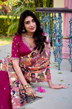 Lorenvalley Pink Vichitra Silk Sequins and Thread Embroidery Work with Kalamkari Print Border Lehenga Choli with Dupatta | Grocsy