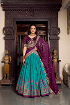 Lorenvalley Firozi Tussar Silk Printed With Foil Work Lehenga Choli with Dupatta | Grocsy