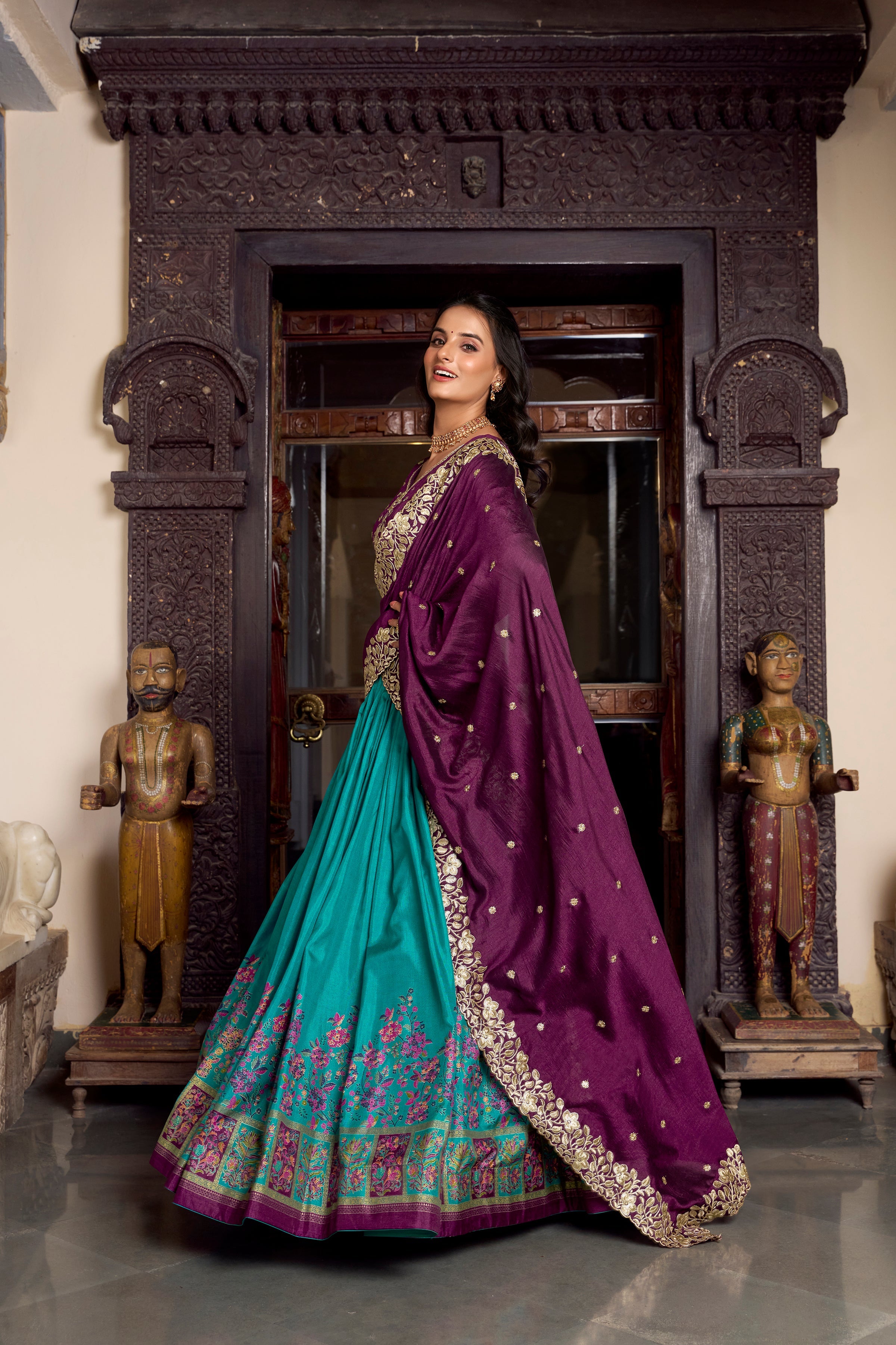 Lorenvalley Firozi Tussar Silk Printed With Foil Work Lehenga Choli with Dupatta | Grocsy