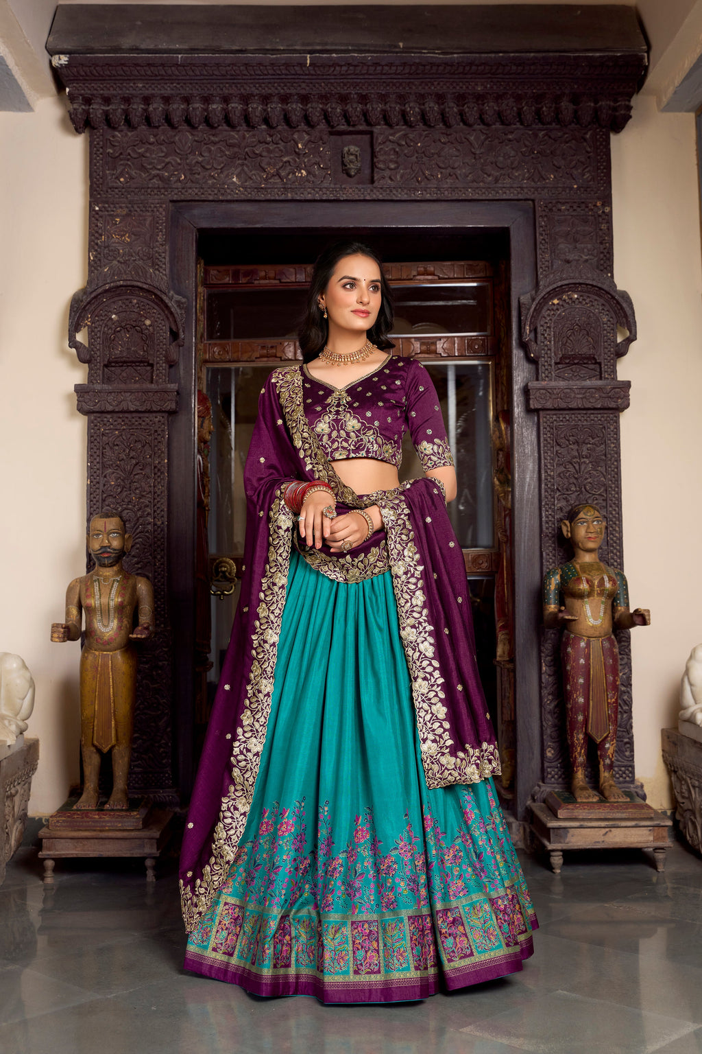 Lorenvalley Firozi Tussar Silk Printed With Foil Work Lehenga Choli with Dupatta | Grocsy
