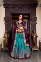 Lorenvalley Firozi Tussar Silk Printed With Foil Work Lehenga Choli with Dupatta | Grocsy