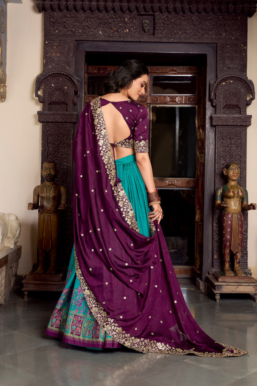 Lorenvalley Firozi Tussar Silk Printed With Foil Work Lehenga Choli with Dupatta | Grocsy