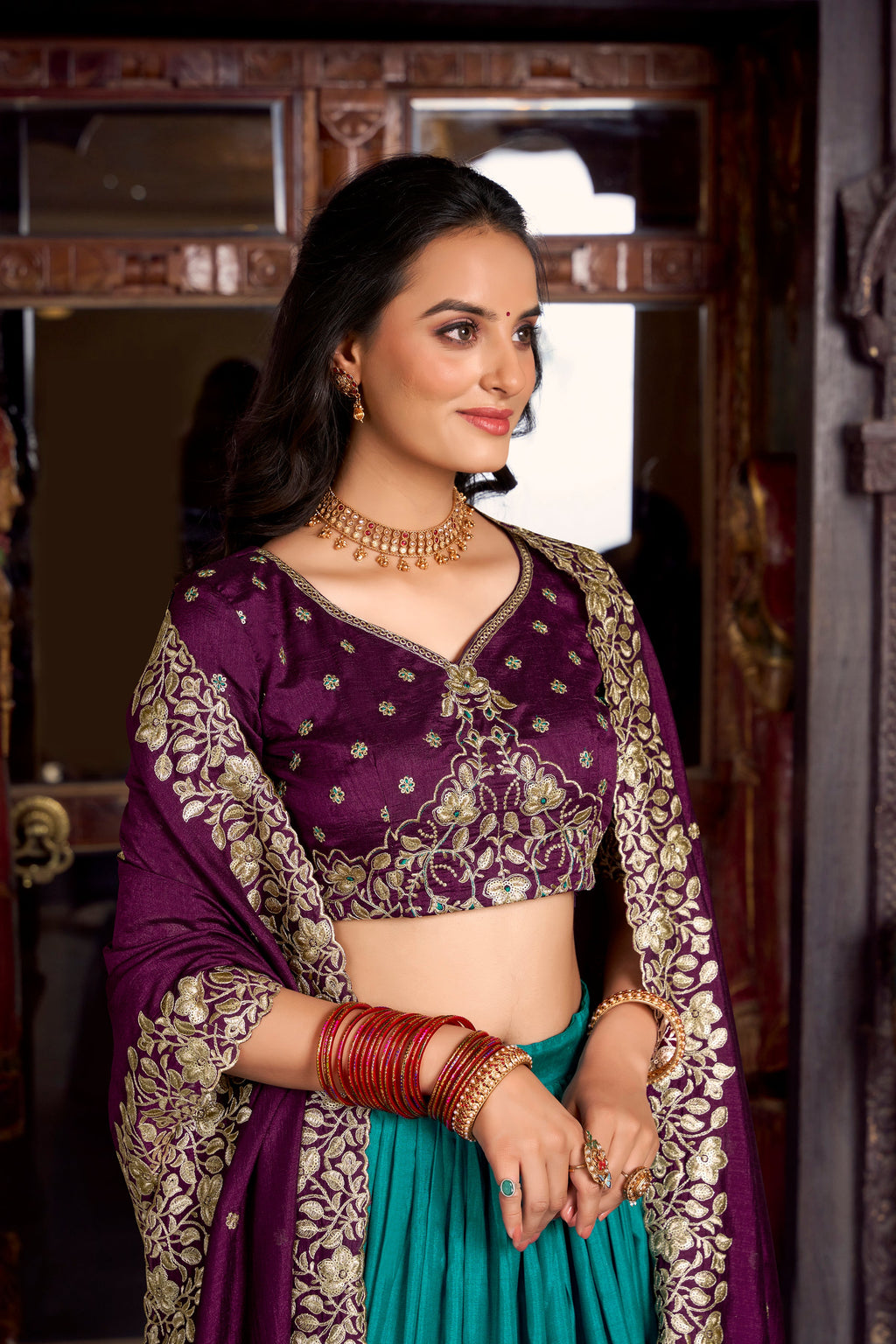 Lorenvalley Firozi Tussar Silk Printed With Foil Work Lehenga Choli with Dupatta | Grocsy