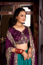 Lorenvalley Firozi Tussar Silk Printed With Foil Work Lehenga Choli with Dupatta | Grocsy