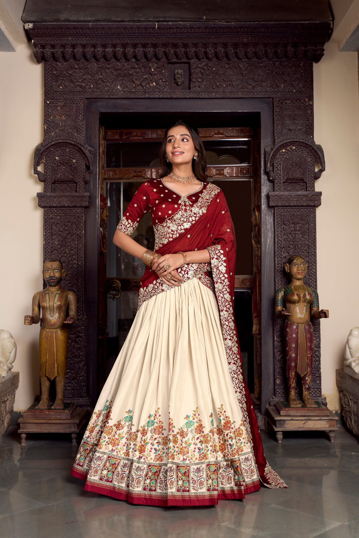 Lorenvalley Off White Tussar Silk Printed With Foil Work Lehenga Choli with Dupatta | Grocsy