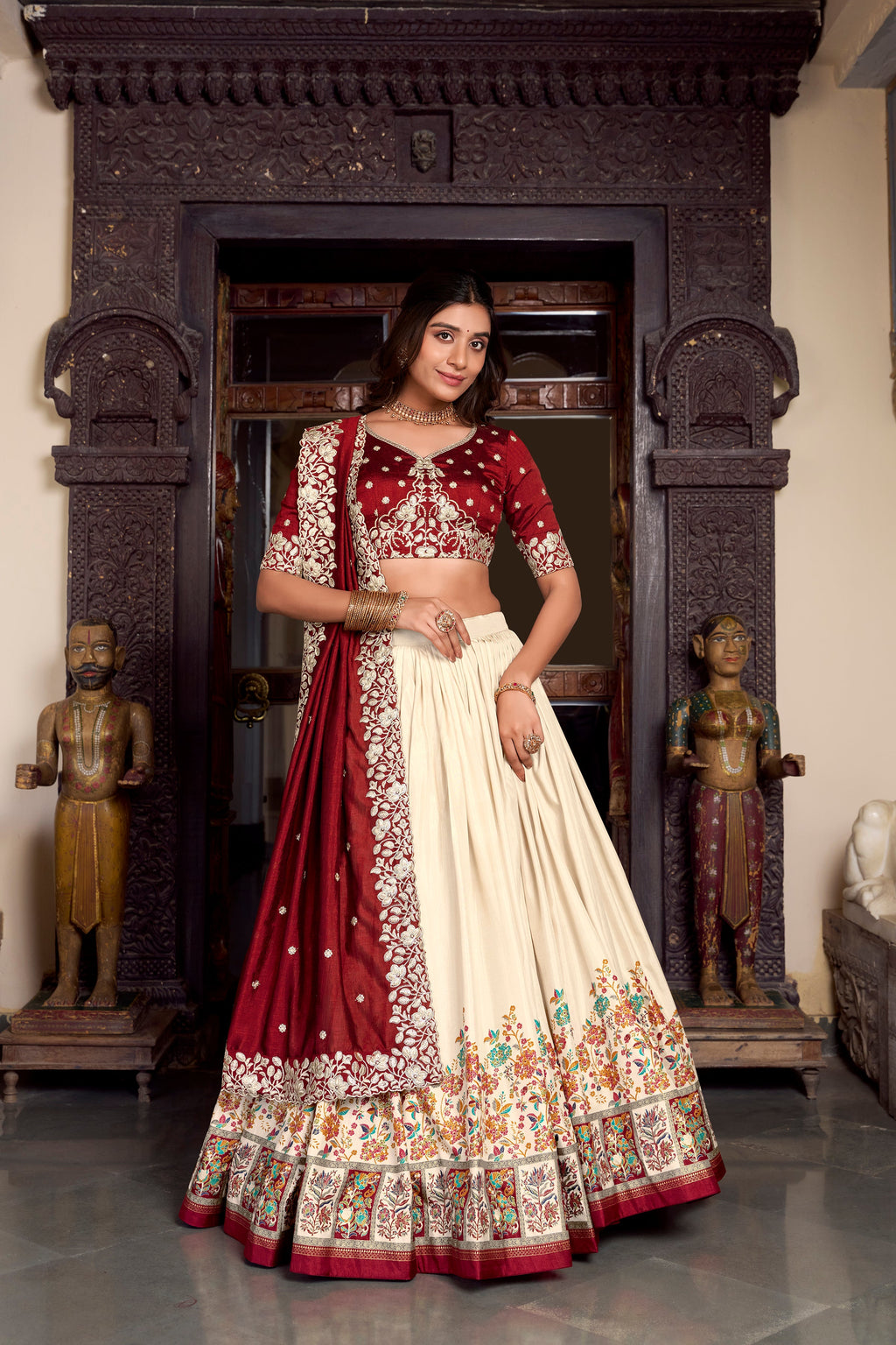 Lorenvalley Off White Tussar Silk Printed With Foil Work Lehenga Choli with Dupatta | Grocsy
