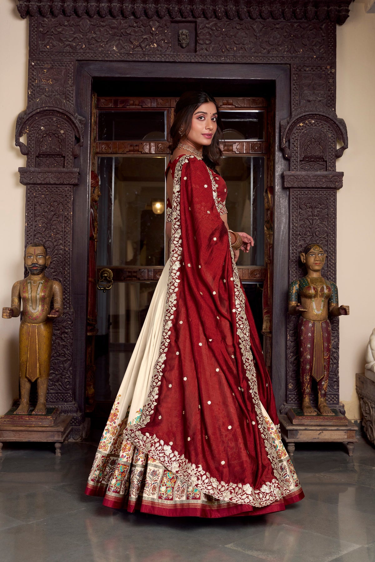Lorenvalley Off White Tussar Silk Printed With Foil Work Lehenga Choli with Dupatta | Grocsy