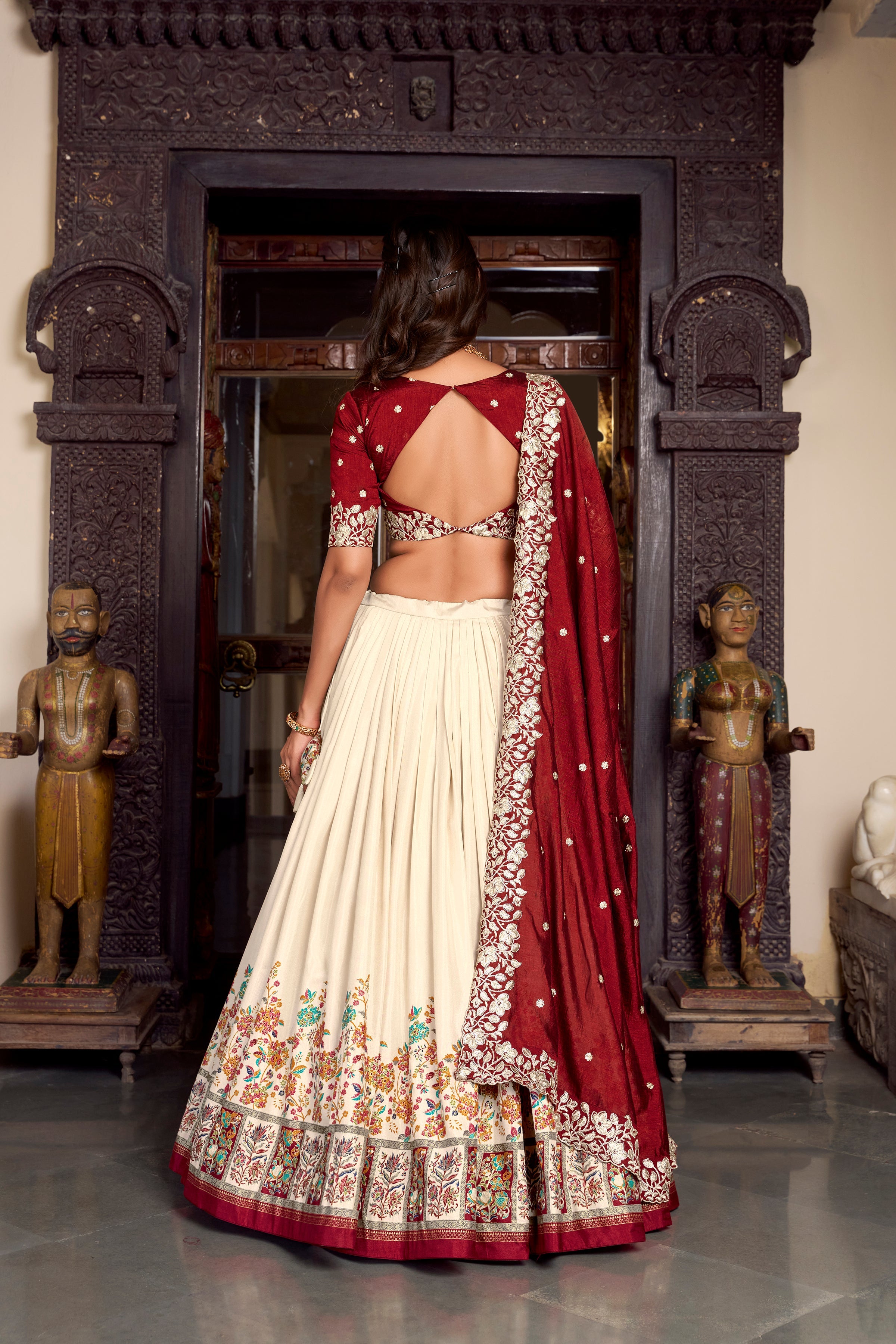 Lorenvalley Off White Tussar Silk Printed With Foil Work Lehenga Choli with Dupatta | Grocsy