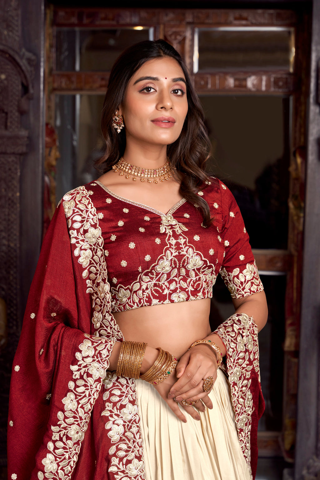 Lorenvalley Off White Tussar Silk Printed With Foil Work Lehenga Choli with Dupatta | Grocsy