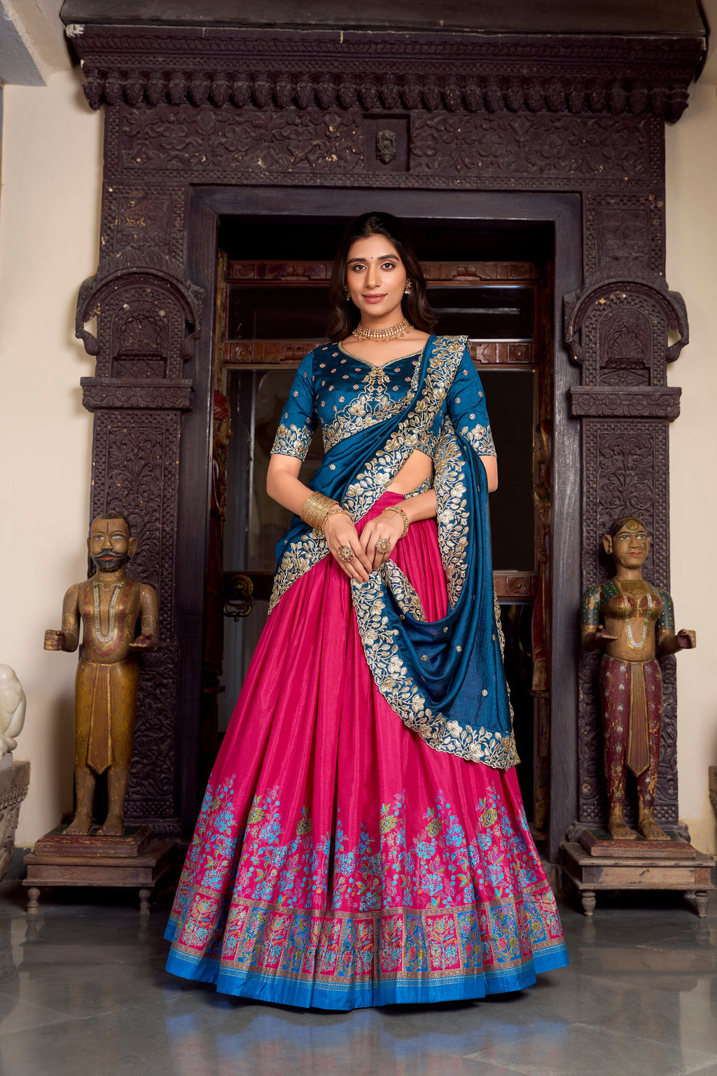 Lorenvalley Pink Tussar Silk Printed With Foil Work Lehenga Choli with Dupatta | Grocsy