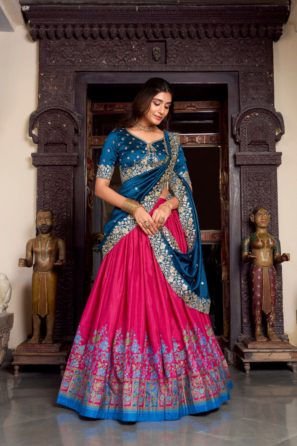 Lorenvalley Pink Tussar Silk Printed With Foil Work Lehenga Choli with Dupatta | Grocsy