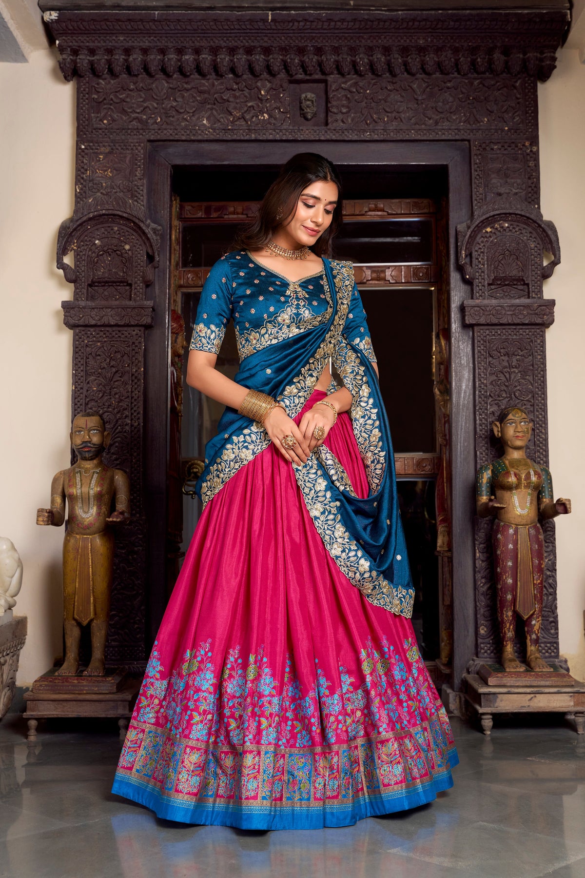 Lorenvalley Pink Tussar Silk Printed With Foil Work Lehenga Choli with Dupatta | Grocsy