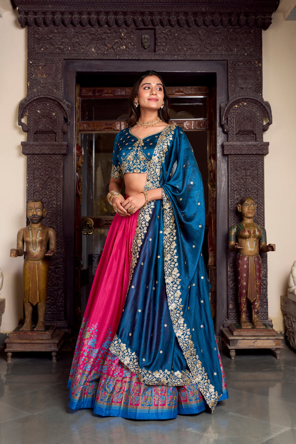 Lorenvalley Pink Tussar Silk Printed With Foil Work Lehenga Choli with Dupatta | Grocsy
