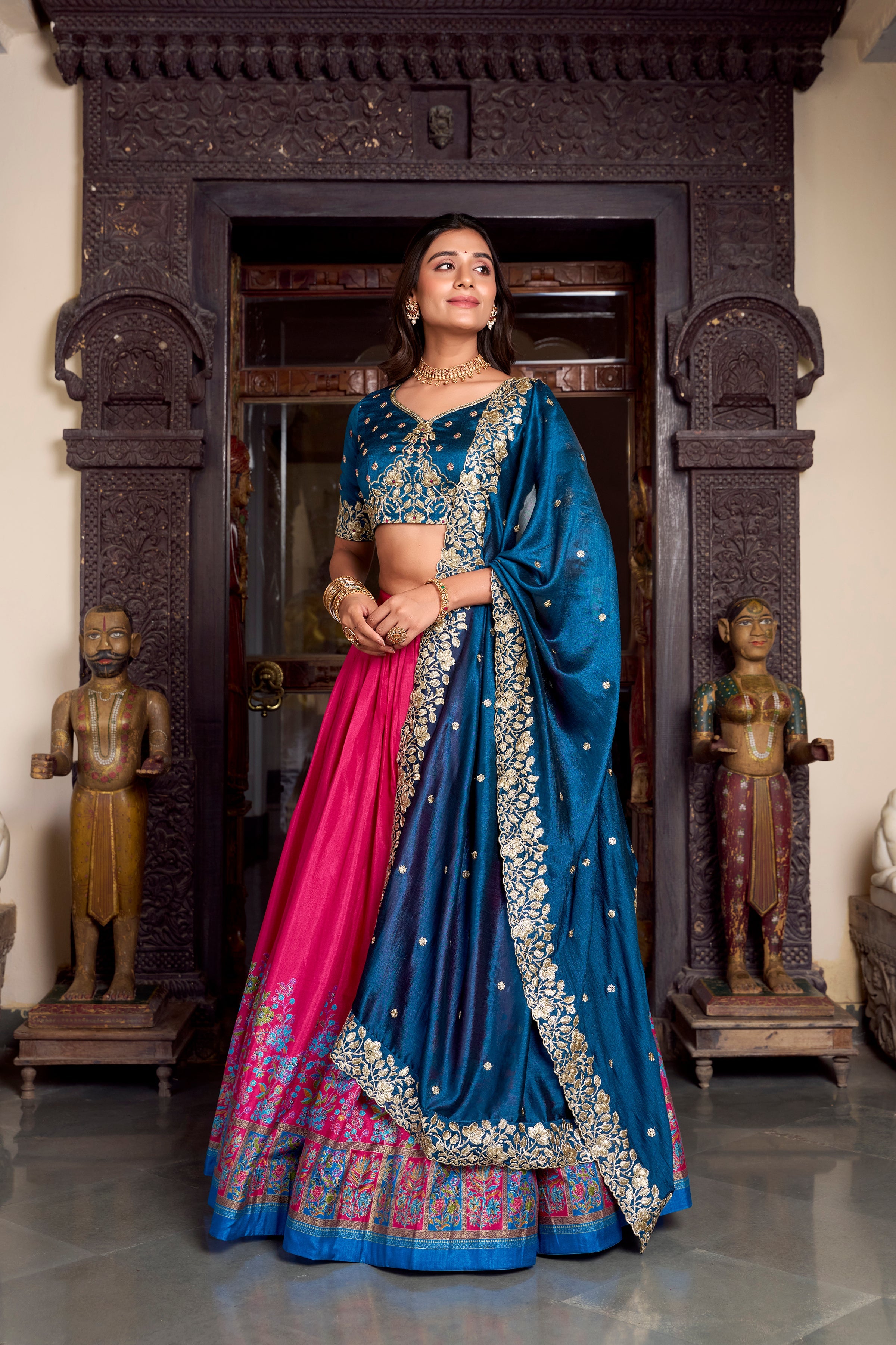 Lorenvalley Pink Tussar Silk Printed With Foil Work Lehenga Choli with Dupatta | Grocsy