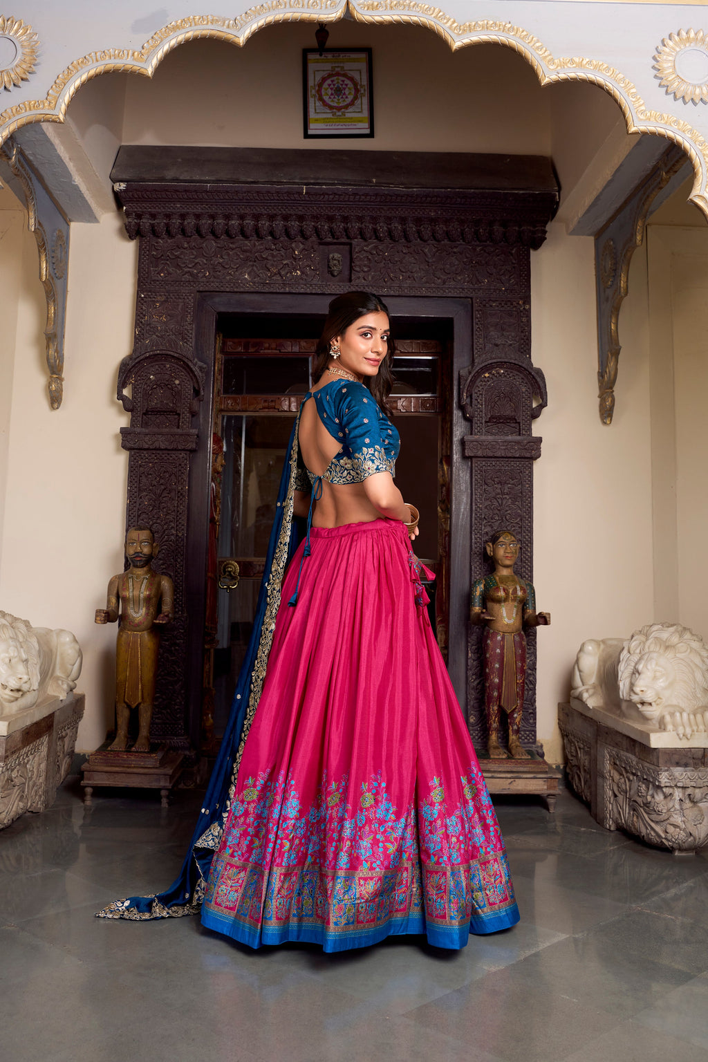 Lorenvalley Pink Tussar Silk Printed With Foil Work Lehenga Choli with Dupatta | Grocsy