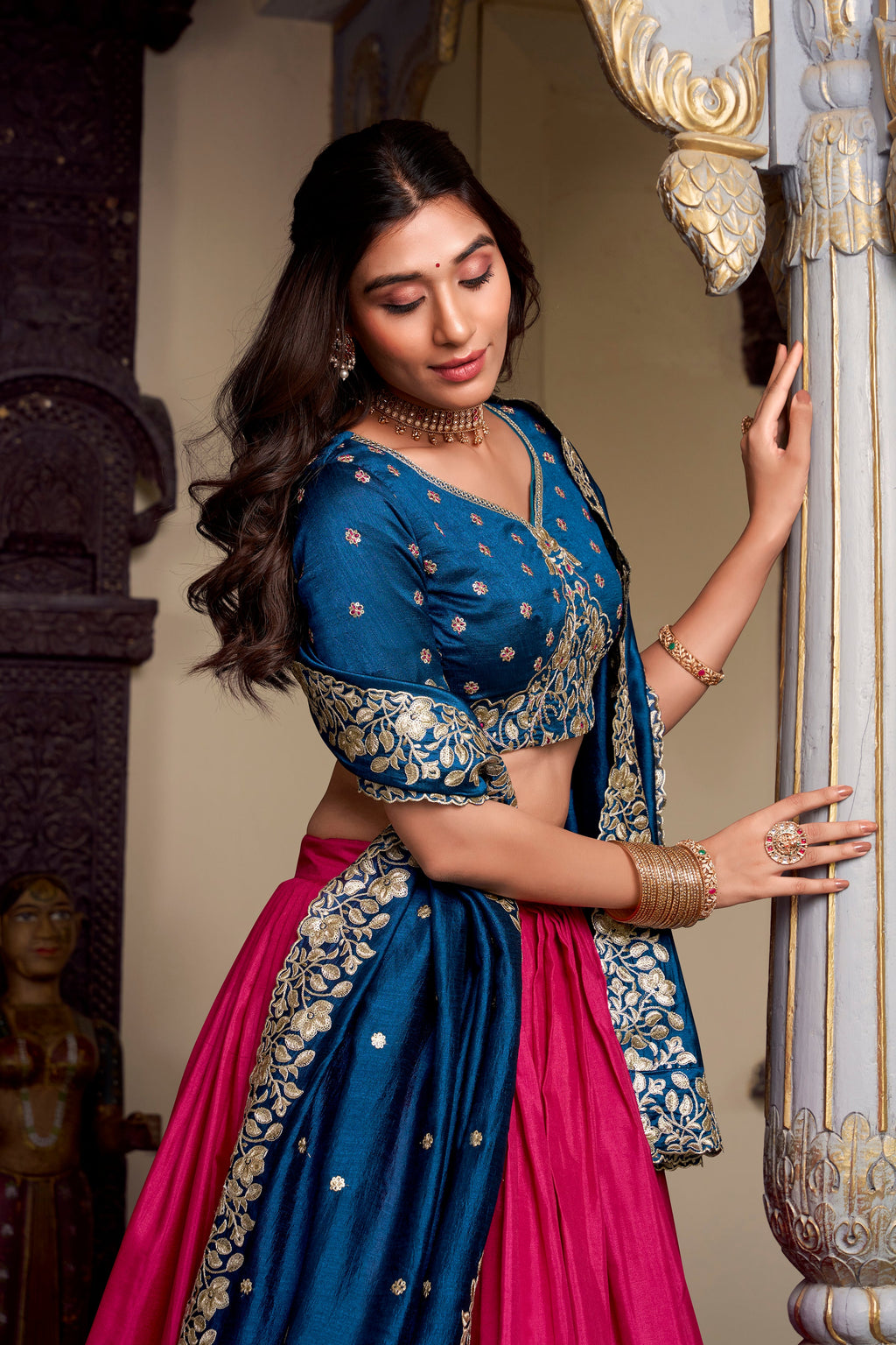Lorenvalley Pink Tussar Silk Printed With Foil Work Lehenga Choli with Dupatta | Grocsy