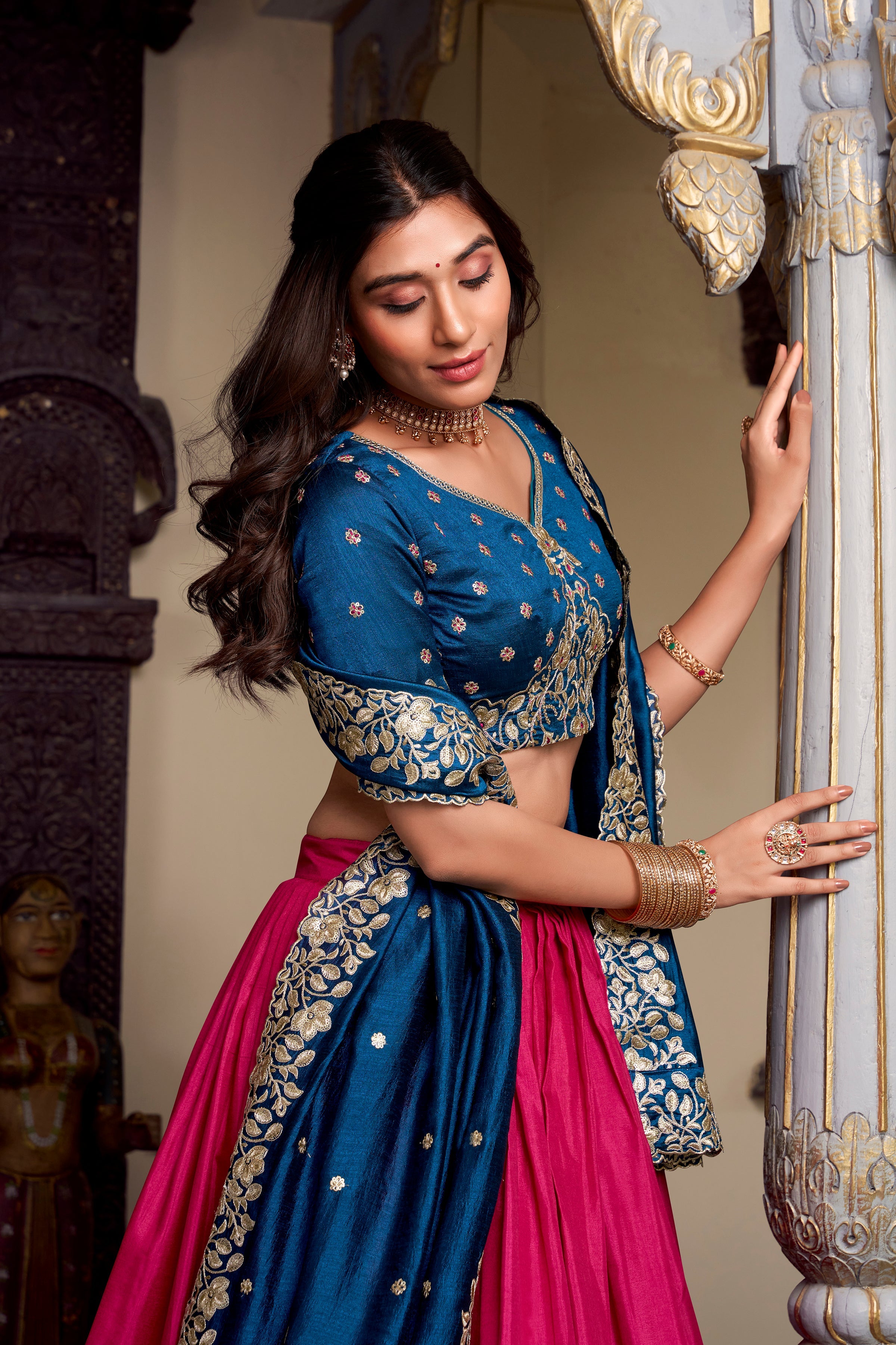 Lorenvalley Pink Tussar Silk Printed With Foil Work Lehenga Choli with Dupatta | Grocsy