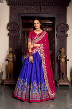 Lorenvalley Royal Blue Tussar Silk Printed With Foil Work Lehenga Choli with Dupatta | Grocsy
