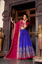 Lorenvalley Royal Blue Tussar Silk Printed With Foil Work Lehenga Choli with Dupatta | Grocsy