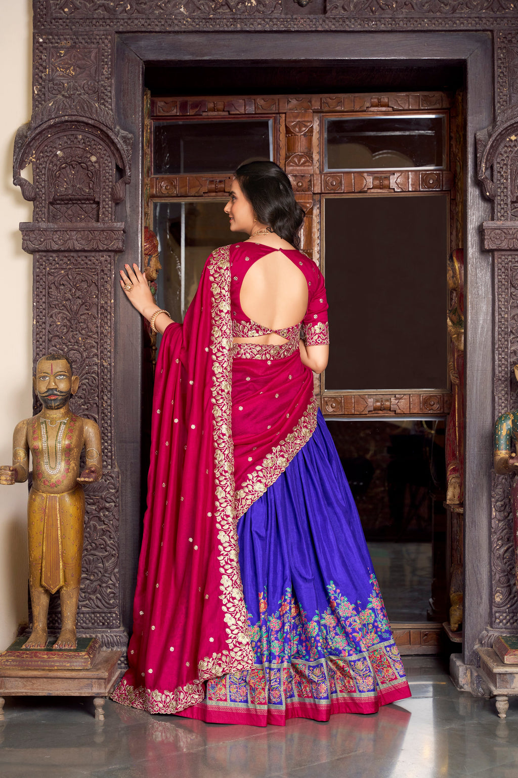 Lorenvalley Royal Blue Tussar Silk Printed With Foil Work Lehenga Choli with Dupatta | Grocsy