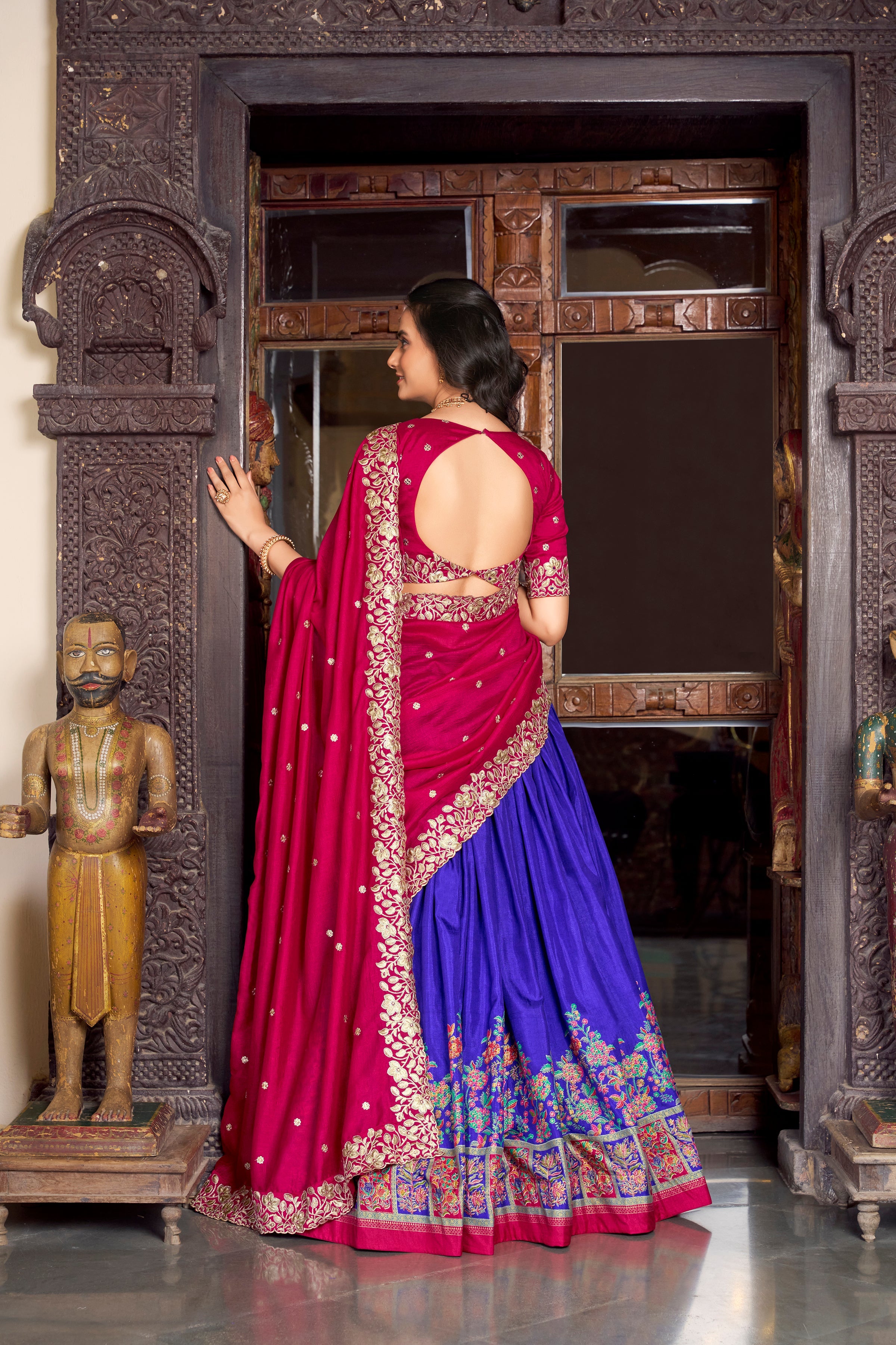 Lorenvalley Royal Blue Tussar Silk Printed With Foil Work Lehenga Choli with Dupatta | Grocsy
