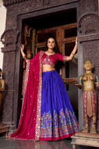 Lorenvalley Royal Blue Tussar Silk Printed With Foil Work Lehenga Choli with Dupatta | Grocsy