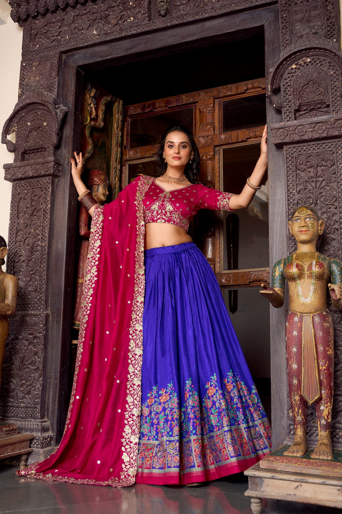 Lorenvalley Royal Blue Tussar Silk Printed With Foil Work Lehenga Choli with Dupatta | Grocsy